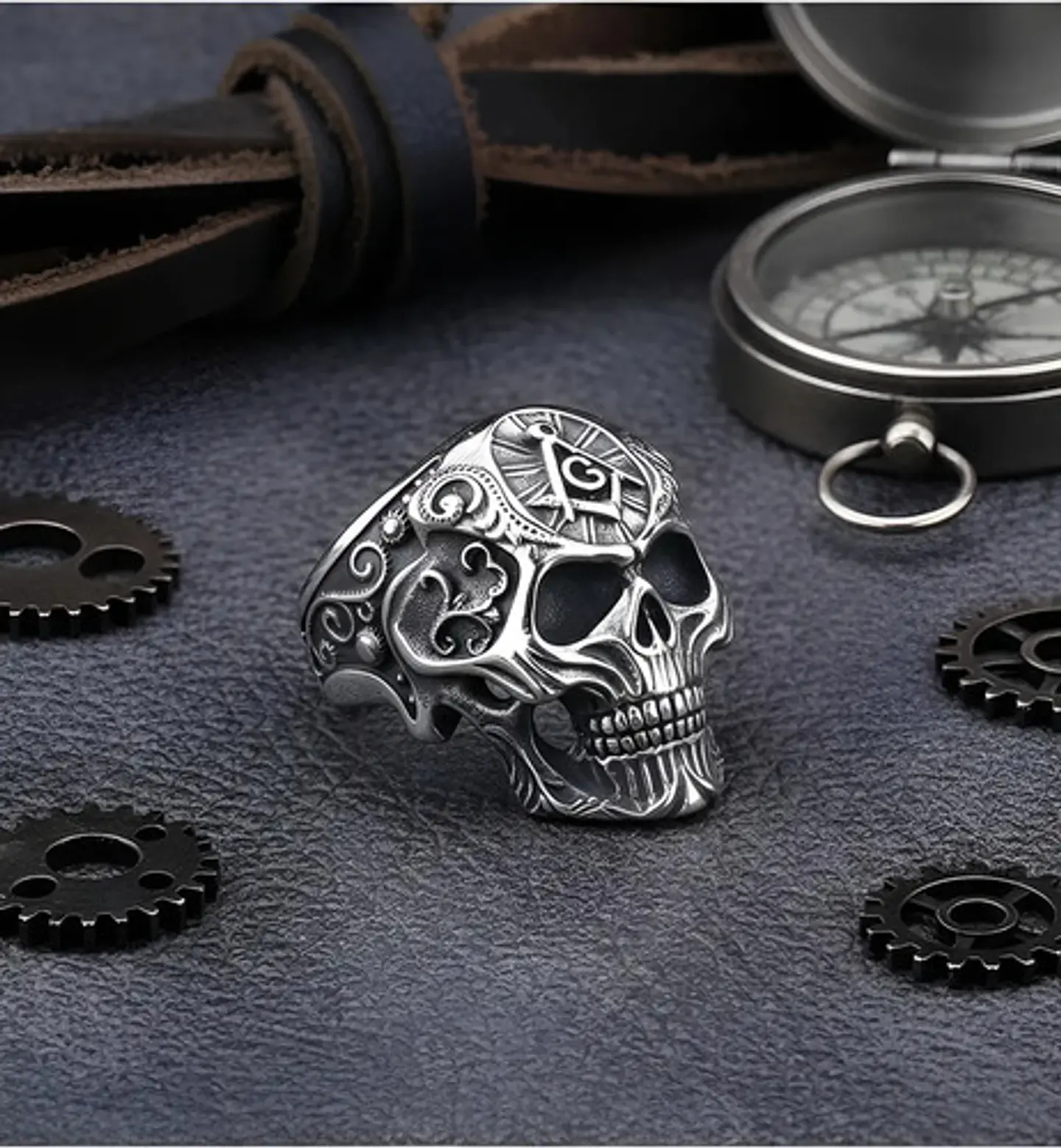 Anillo Para Hombres Forma De Cráneo Calavera Mason De Acero 7