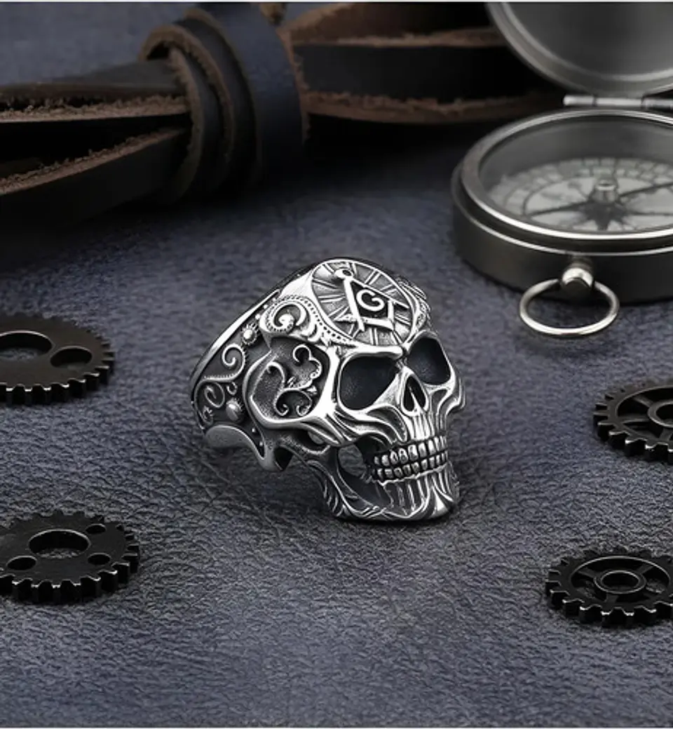 Anillo Para Hombres Forma De Cráneo Calavera Mason De Acero 7
