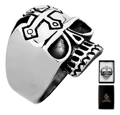 Anillo Cruz Gotico Cráneo Calavera Acero Color Plata Hombre
