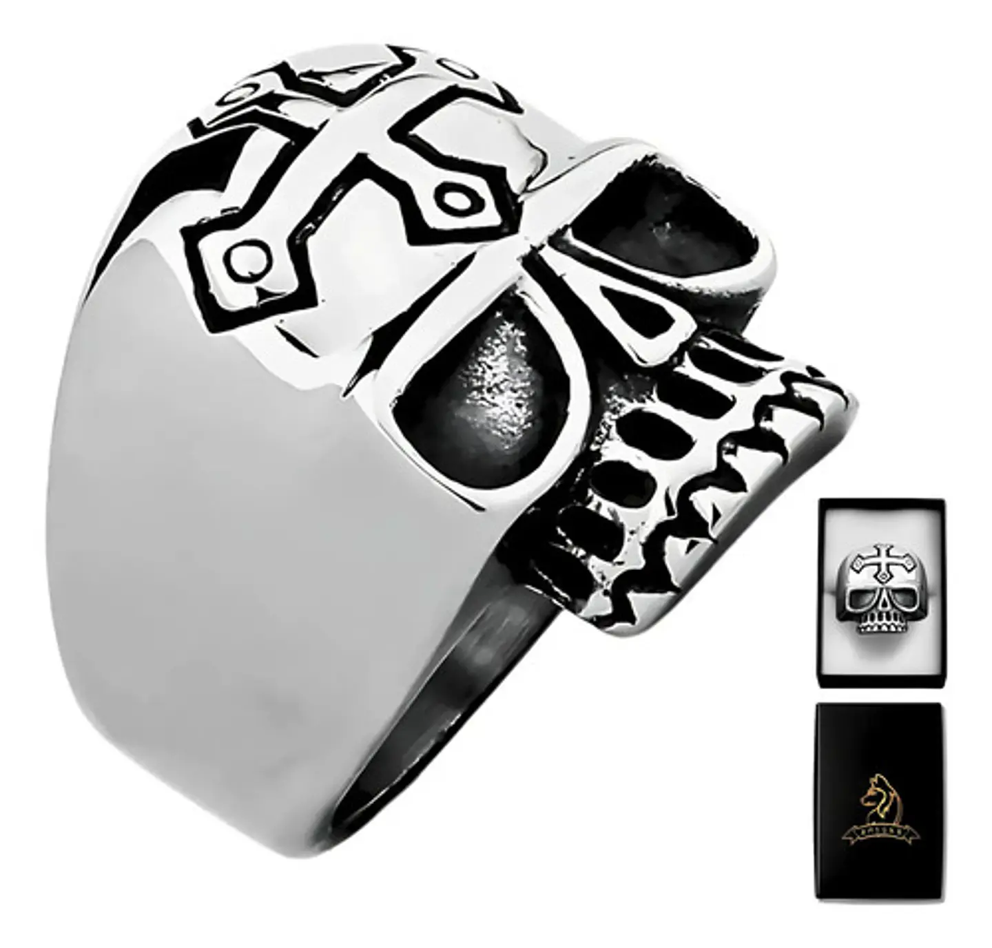 Anillo Cruz Gotico Cráneo Calavera Acero Color Plata Hombre 1