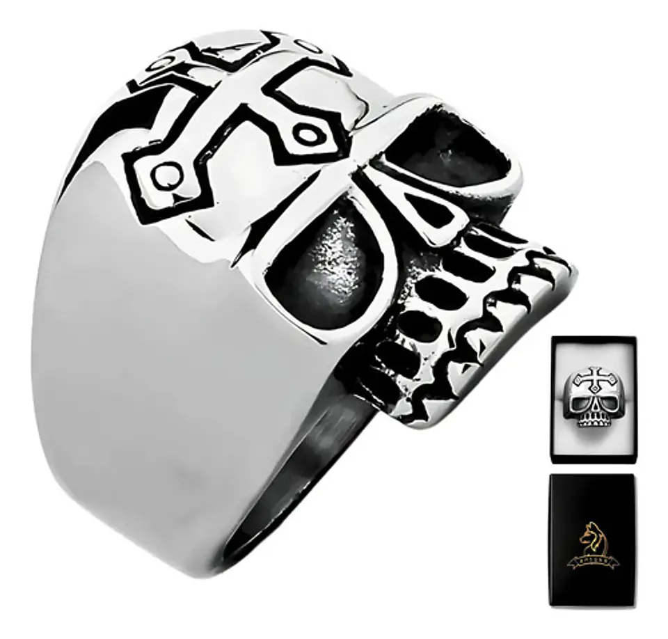 Anillo Cruz Gotico Cráneo Calavera Acero Color Plata Hombre 1