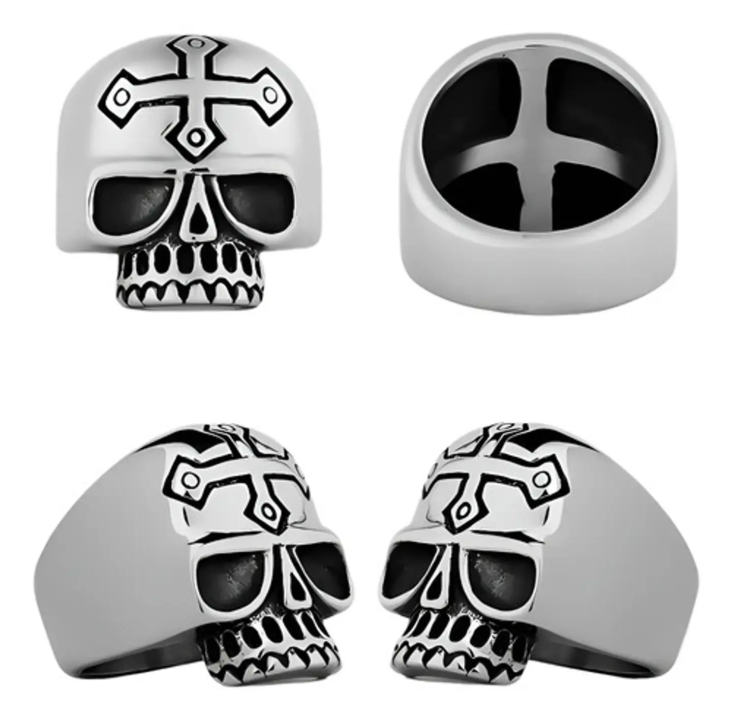Anillo Cruz Gotico Cráneo Calavera Acero Color Plata Hombre 3