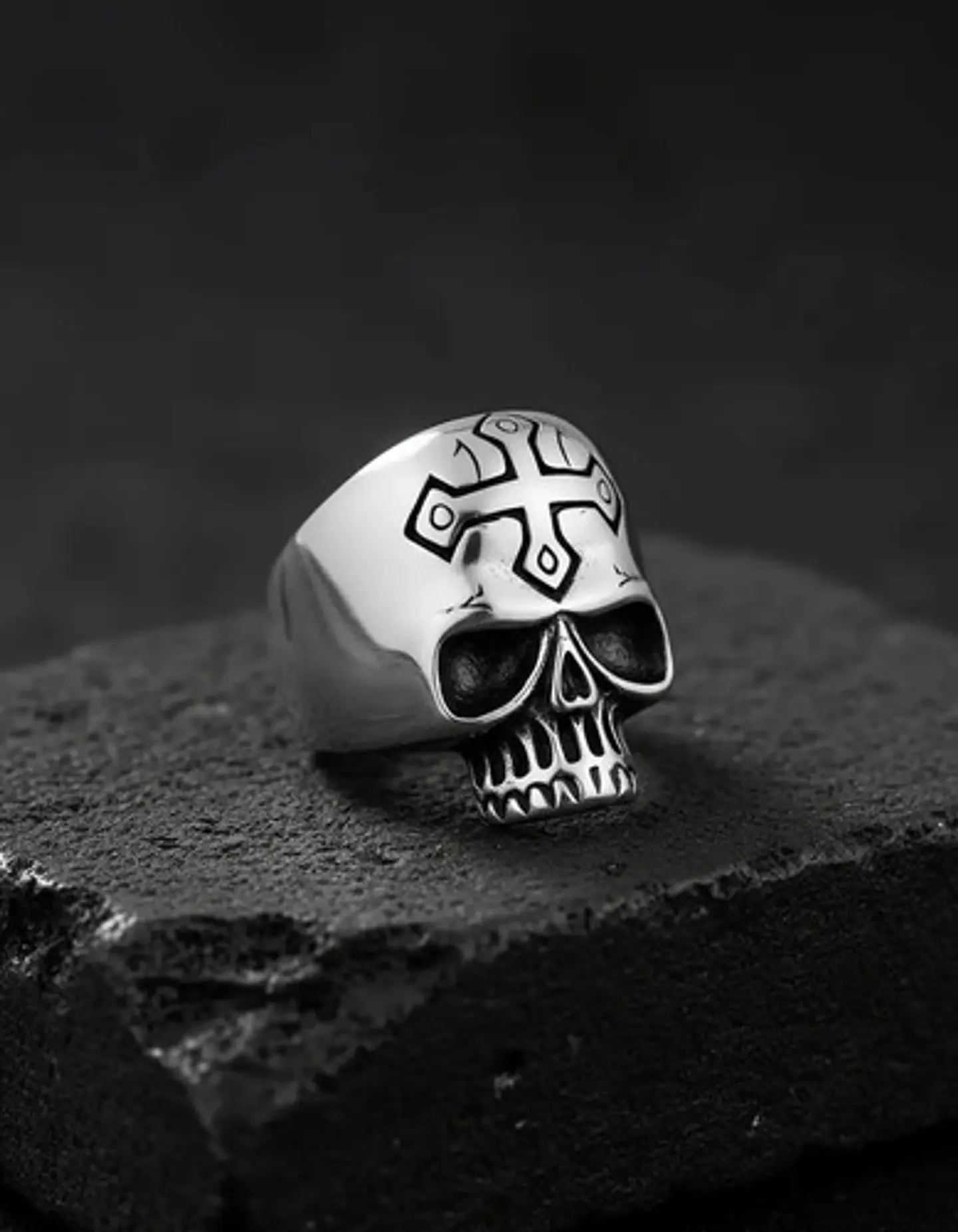Anillo Cruz Gotico Cráneo Calavera Acero Color Plata Hombre 6