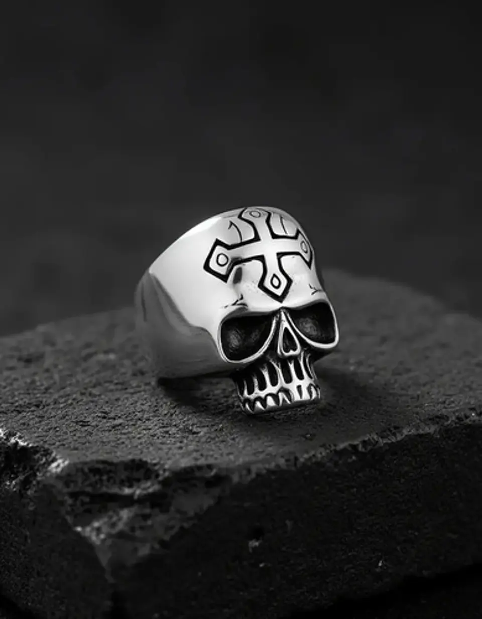 Anillo Cruz Gotico Cráneo Calavera Acero Color Plata Hombre 6
