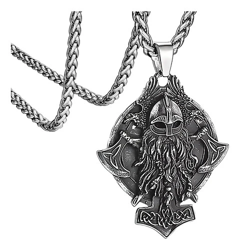 Collar Para Hombre Con Dije Odin Hachas Cuervos Vikingo Thor