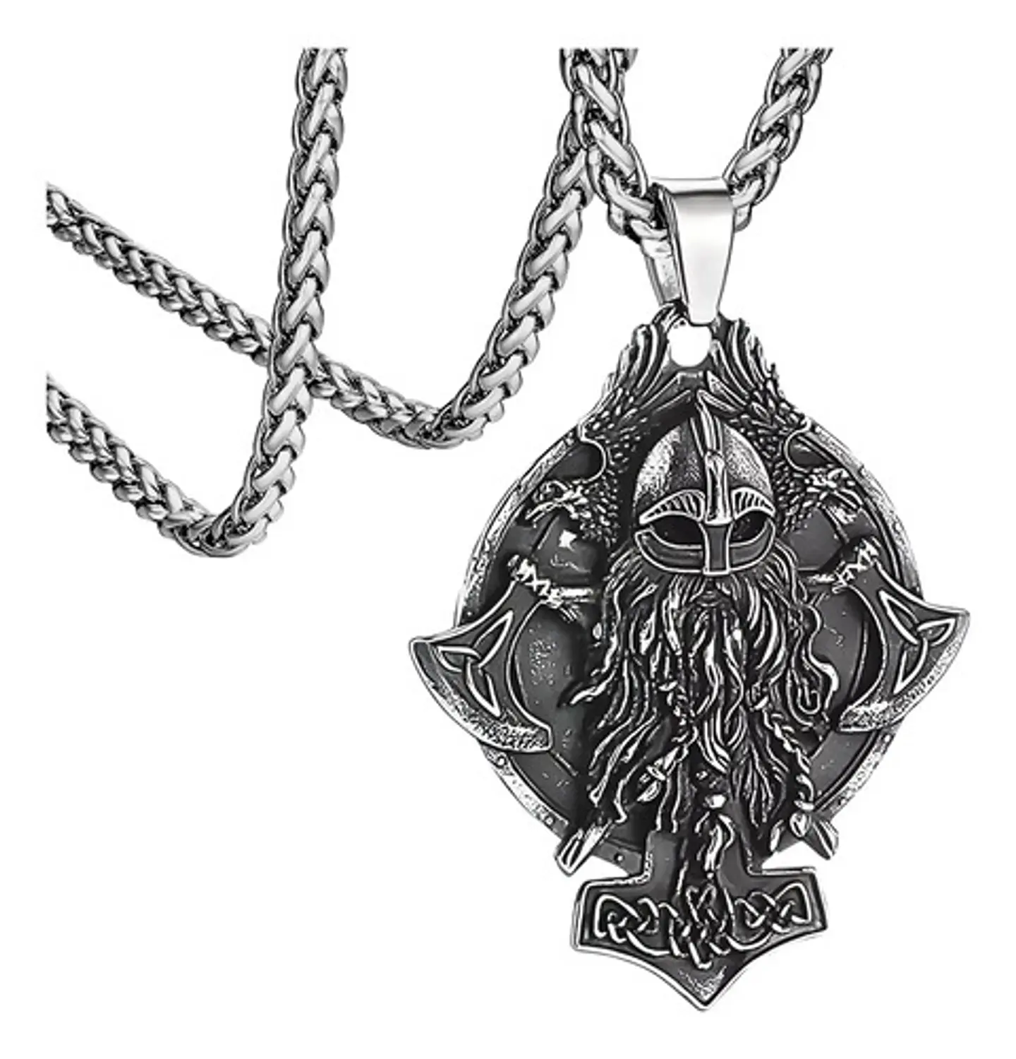 Collar Para Hombre Con Dije Odin Hachas Cuervos Vikingo Thor 1