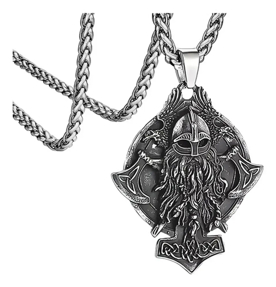 Collar Para Hombre Con Dije Odin Hachas Cuervos Vikingo Thor 1