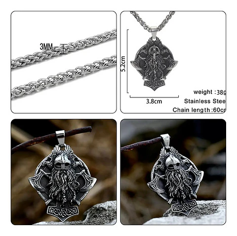 Collar Para Hombre Con Dije Odin Hachas Cuervos Vikingo Thor