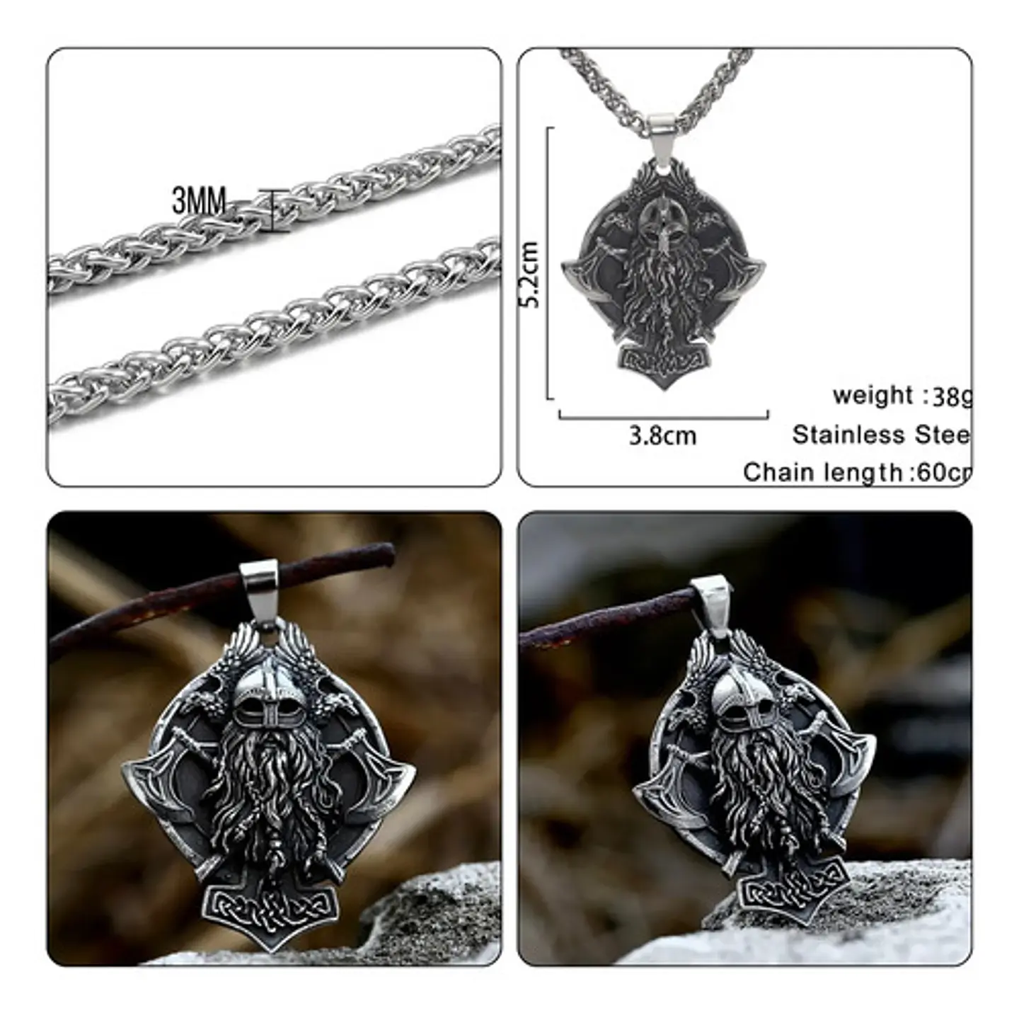 Collar Para Hombre Con Dije Odin Hachas Cuervos Vikingo Thor 2