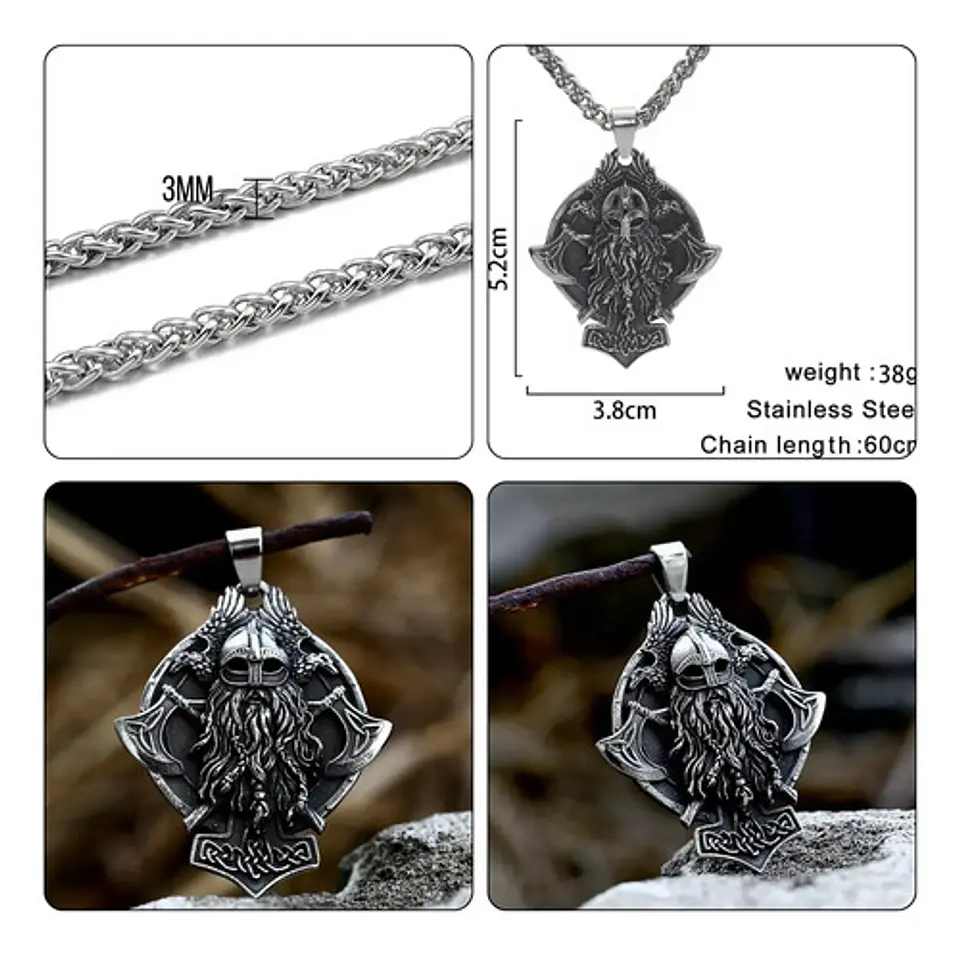Collar Para Hombre Con Dije Odin Hachas Cuervos Vikingo Thor 2