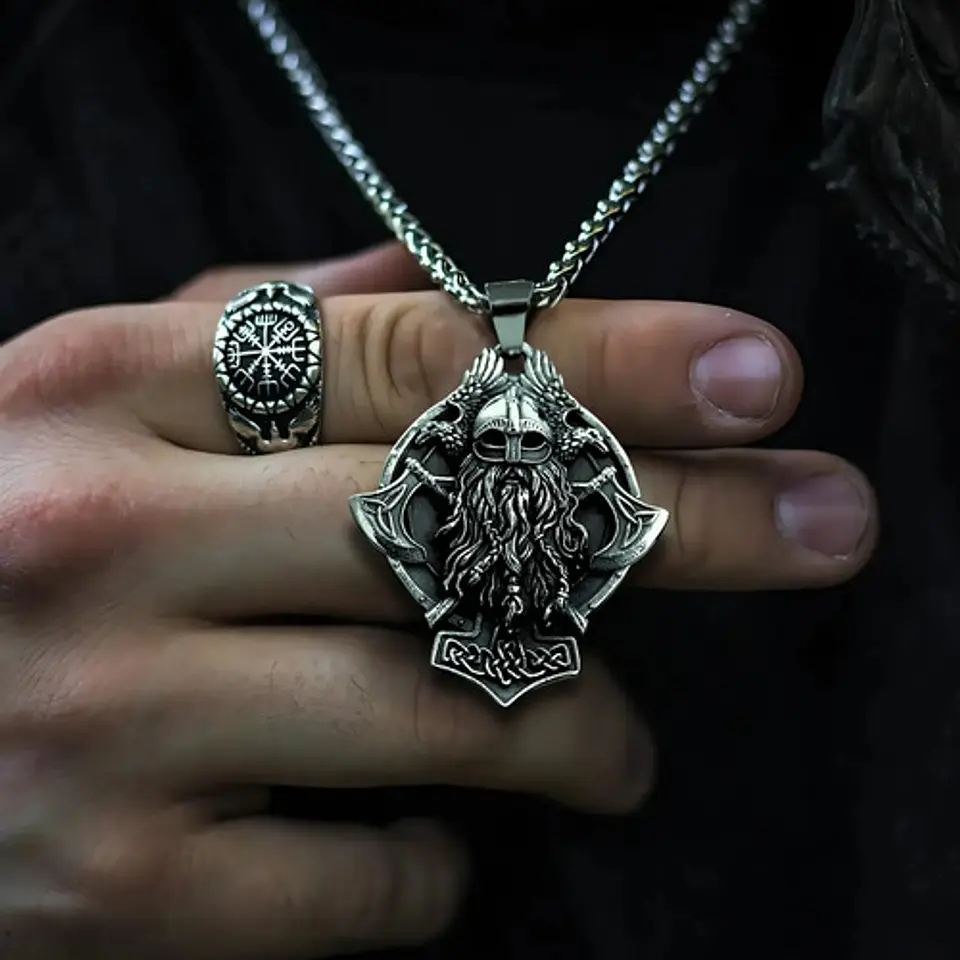 Collar Para Hombre Con Dije Odin Hachas Cuervos Vikingo Thor 3