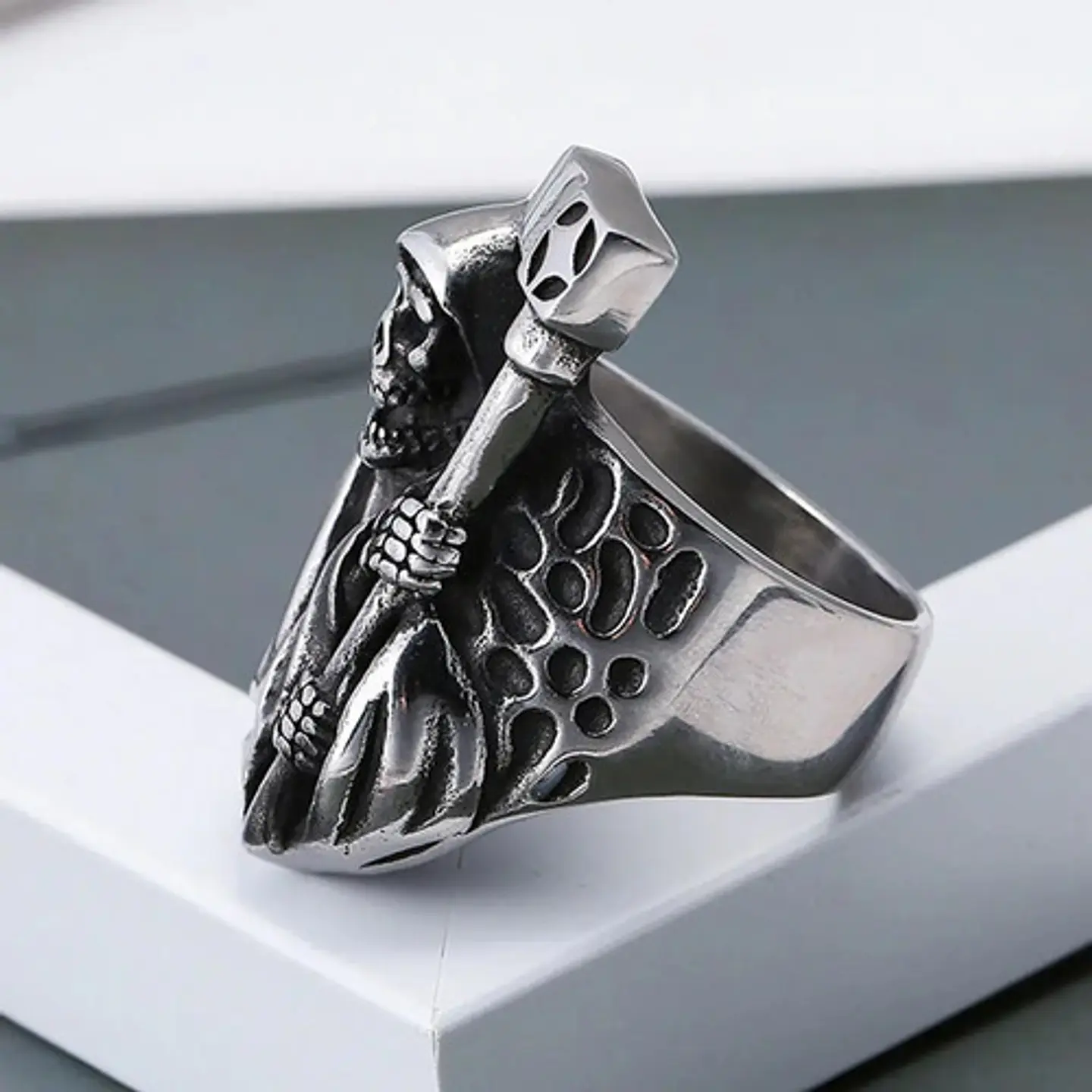 Anillo Acero Inoxidable Color Plata Parca Cráneo Para Hombre 9