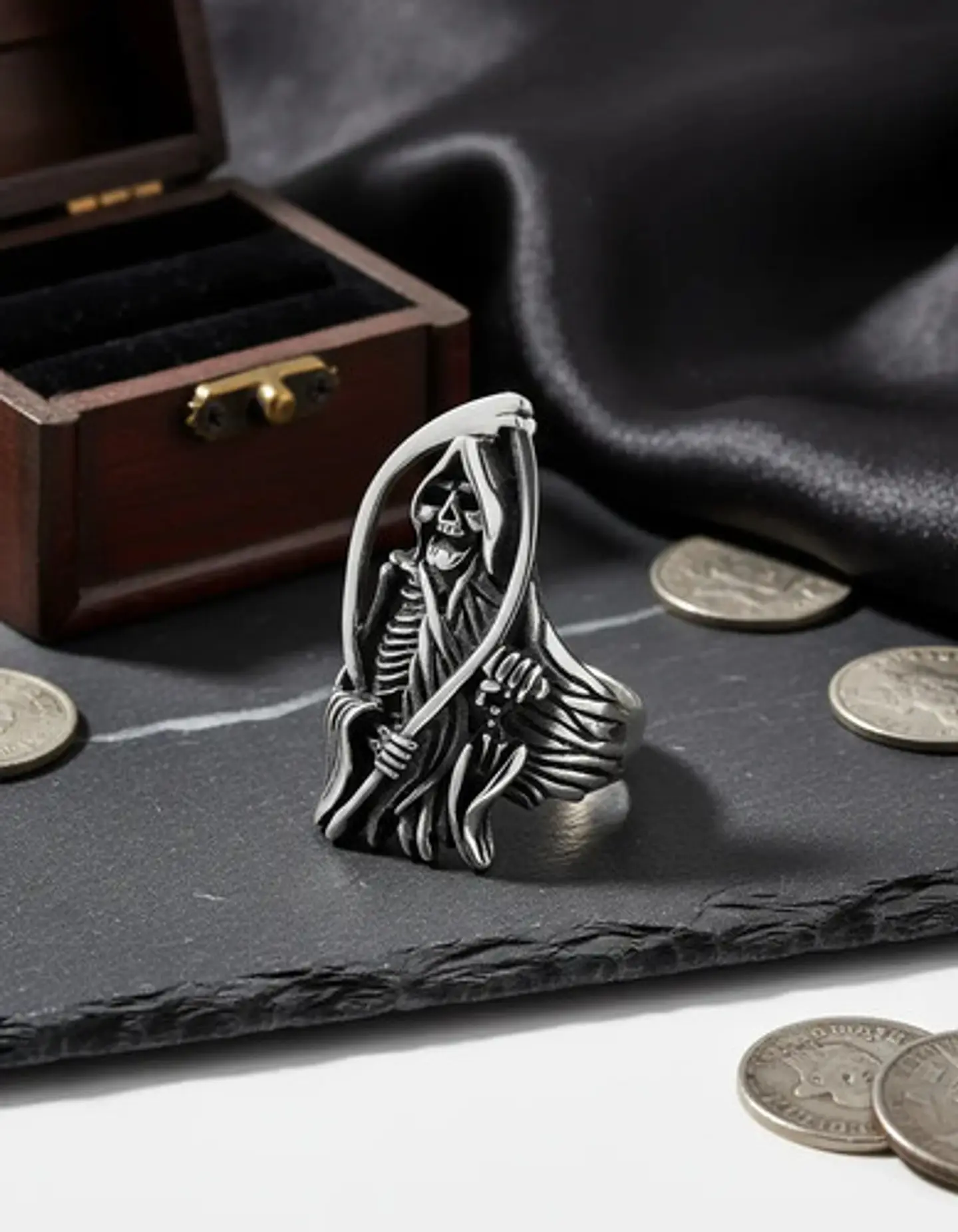 Anillo Acero Inoxidable Color Plata Parca Cráneo Para Hombre 14