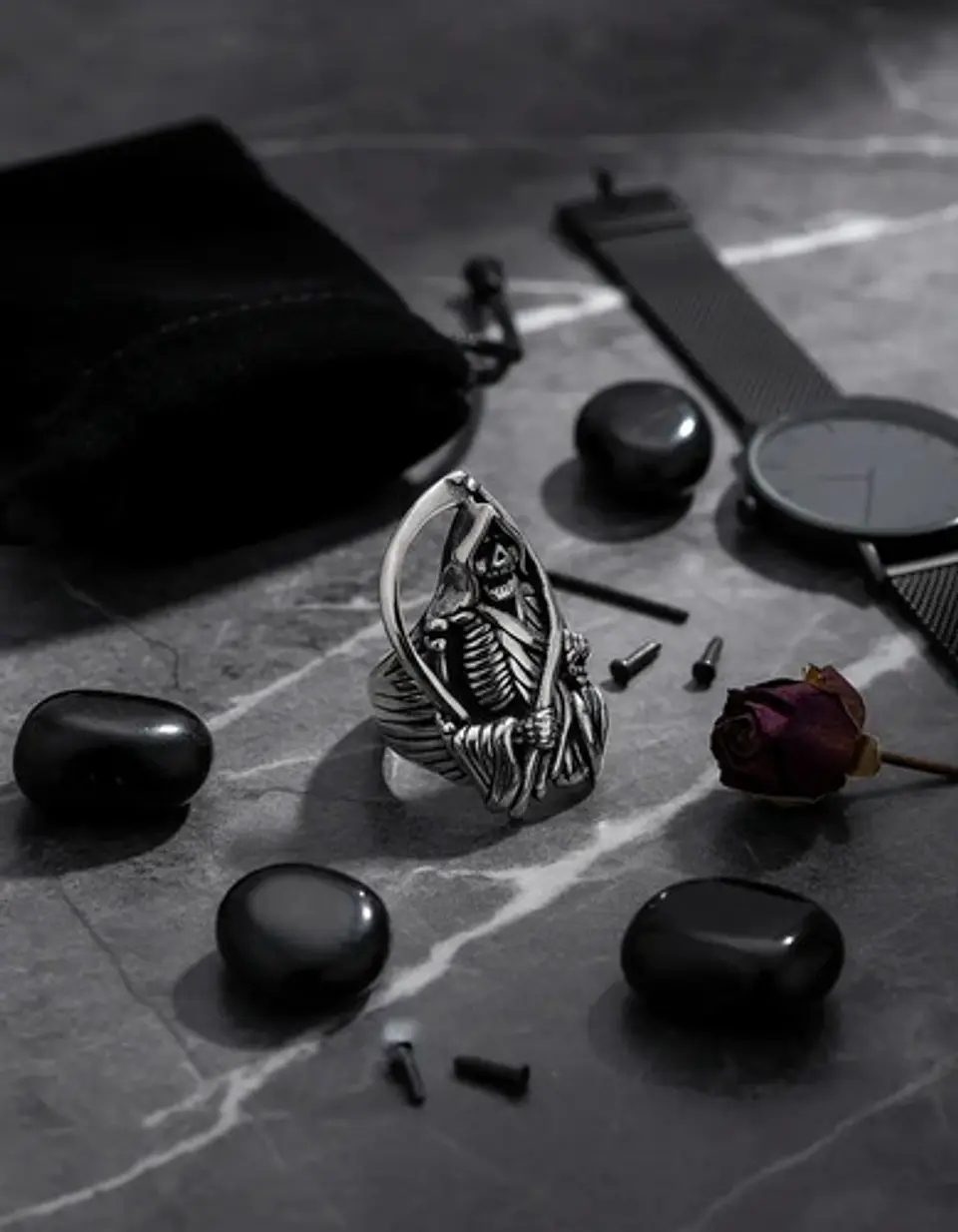 Anillo Acero Inoxidable Color Plata Parca Cráneo Para Hombre 16