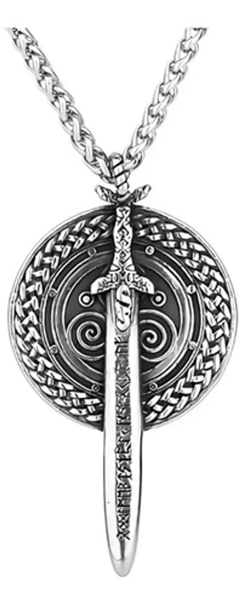 Collar Dije Escudo Y Espada Vikingo Acero Color Plata Hombre Plateado