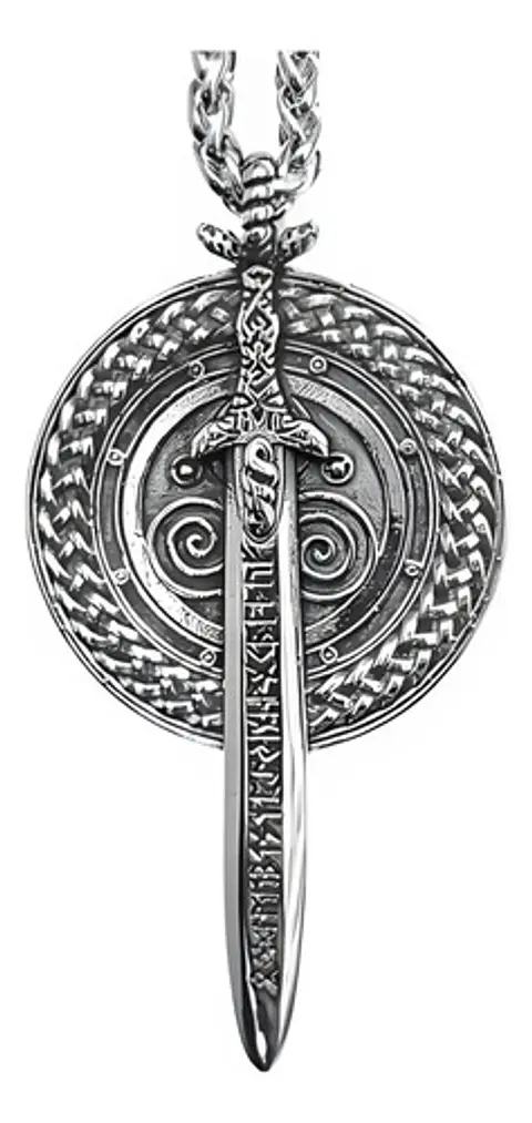 Collar Dije Escudo Y Espada Vikingo Acero Color Plata Hombre Plateado