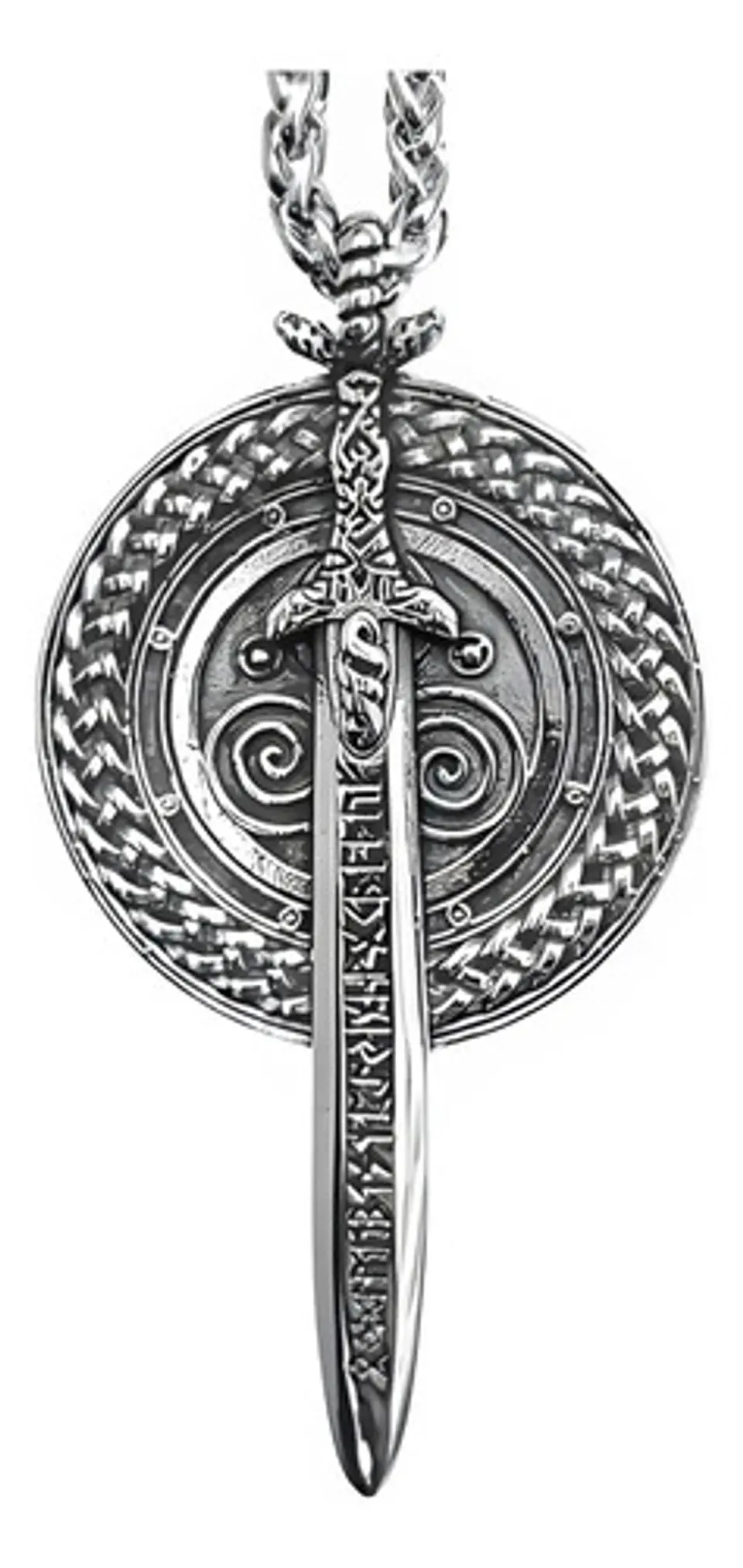 Collar Dije Escudo Y Espada Vikingo Acero Color Plata Hombre Plateado 2