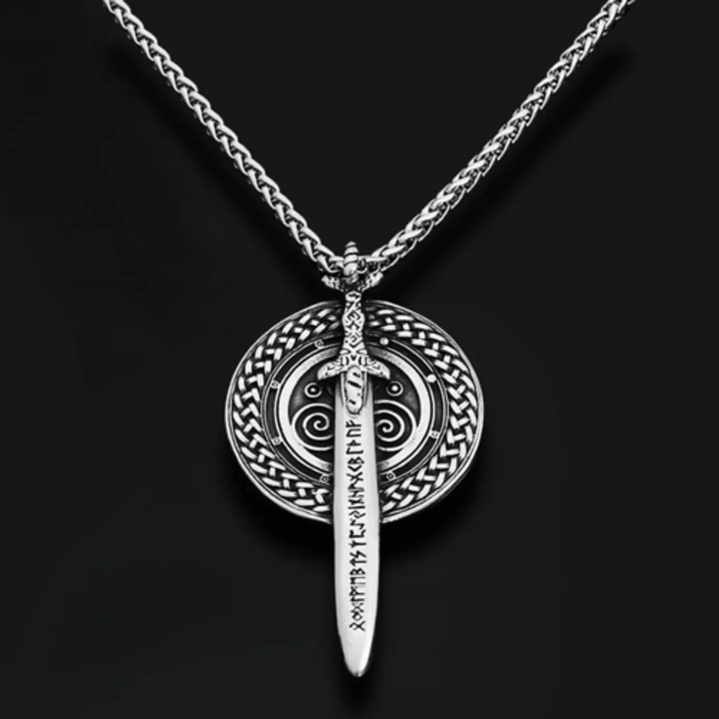 Collar Dije Escudo Y Espada Vikingo Acero Color Plata Hombre Plateado 3