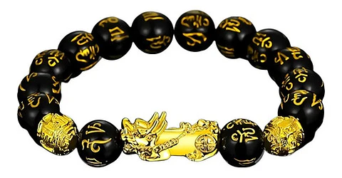 Pulsera Obsidiana Cuentas Color Oro Protección Pixiu Hombre