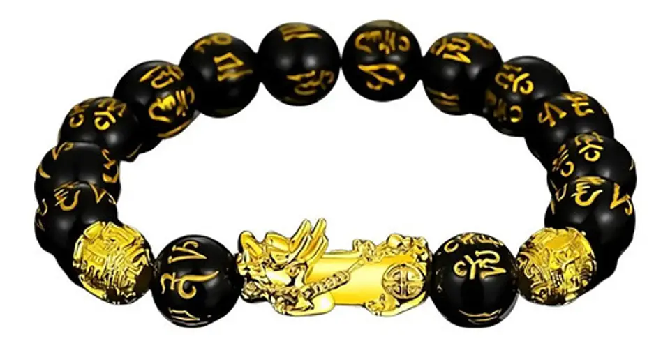 Pulsera Obsidiana Cuentas Color Oro Protección Pixiu Hombre 1