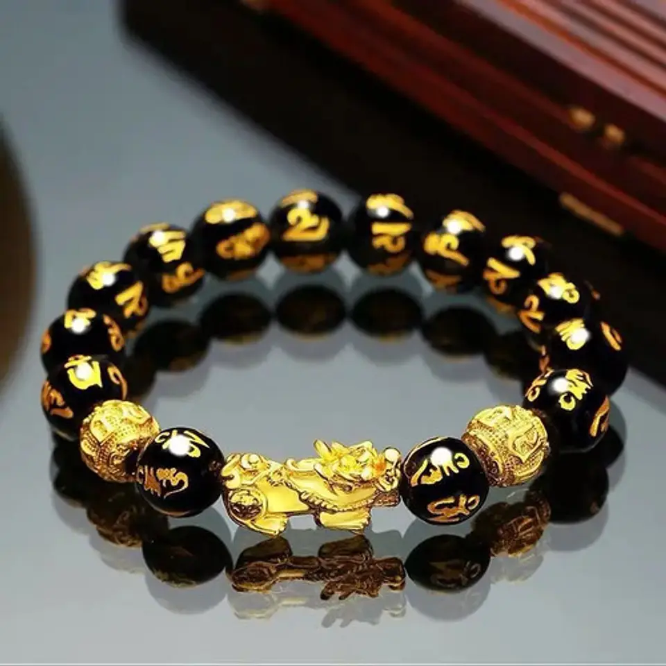 Pulsera Obsidiana Cuentas Color Oro Protección Pixiu Hombre 2