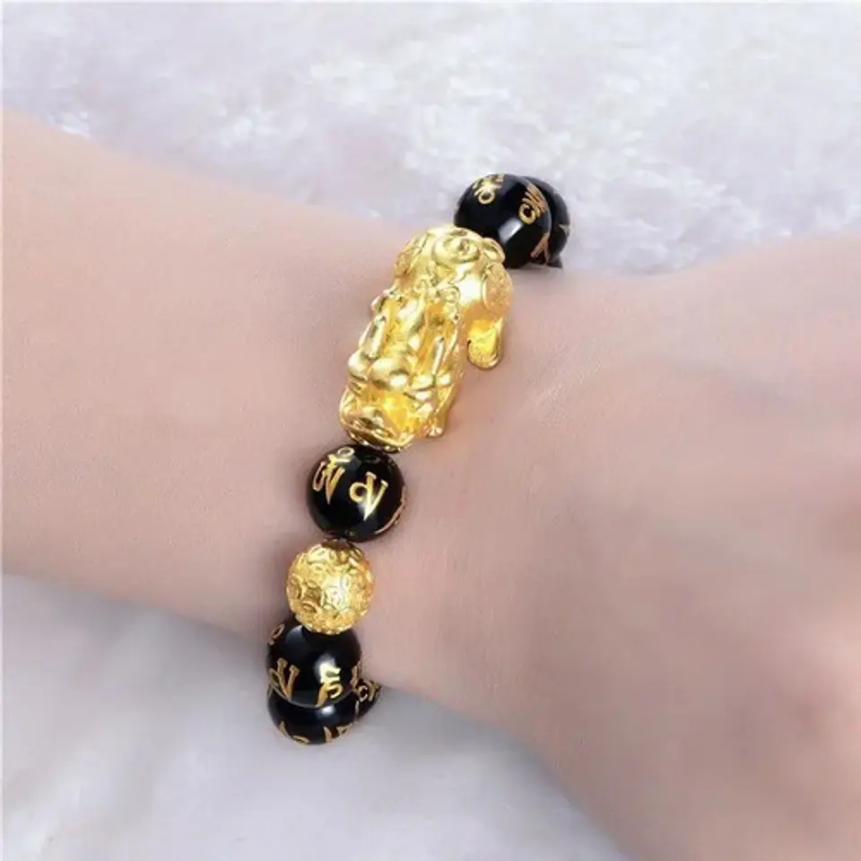 Pulsera Obsidiana Cuentas Color Oro Protección Pixiu Hombre 3