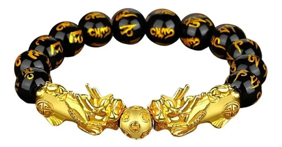 Pulsera Obsidiana Cuentas Color Oro Protección Pixiu Hombre 4