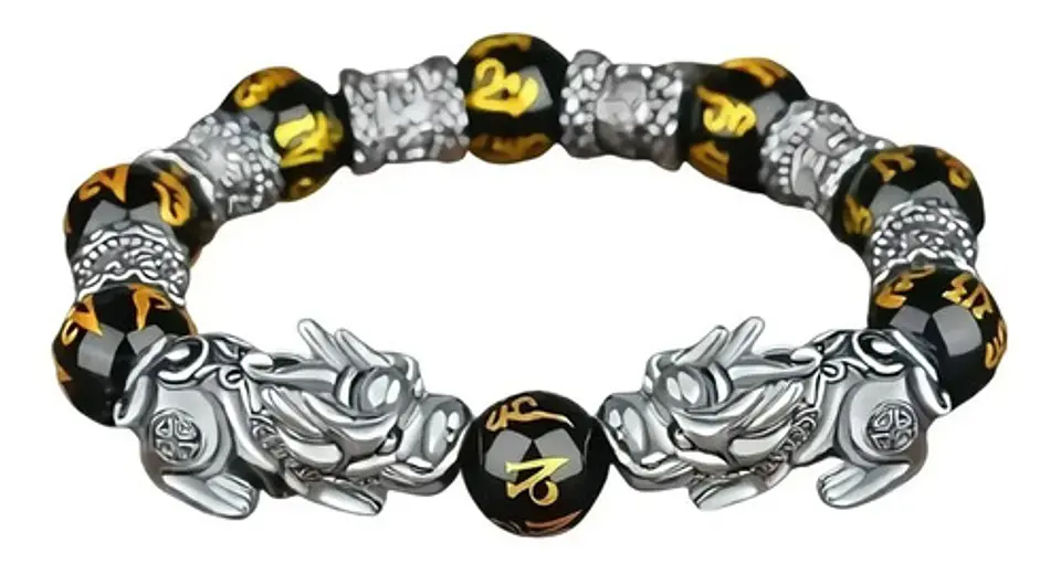 Pulsera Obsidiana Cuentas Color Oro Protección Pixiu Hombre 5