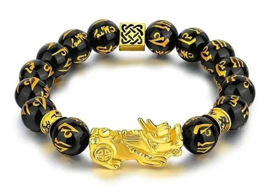 Pulsera Obsidiana Cuentas Color Oro Protección Pixiu Hombre 6