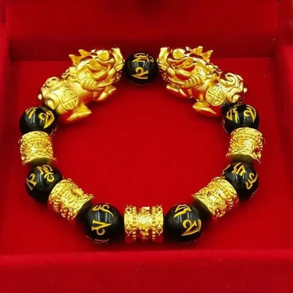 Pulsera Obsidiana Cuentas Color Oro Protección Pixiu Hombre 9