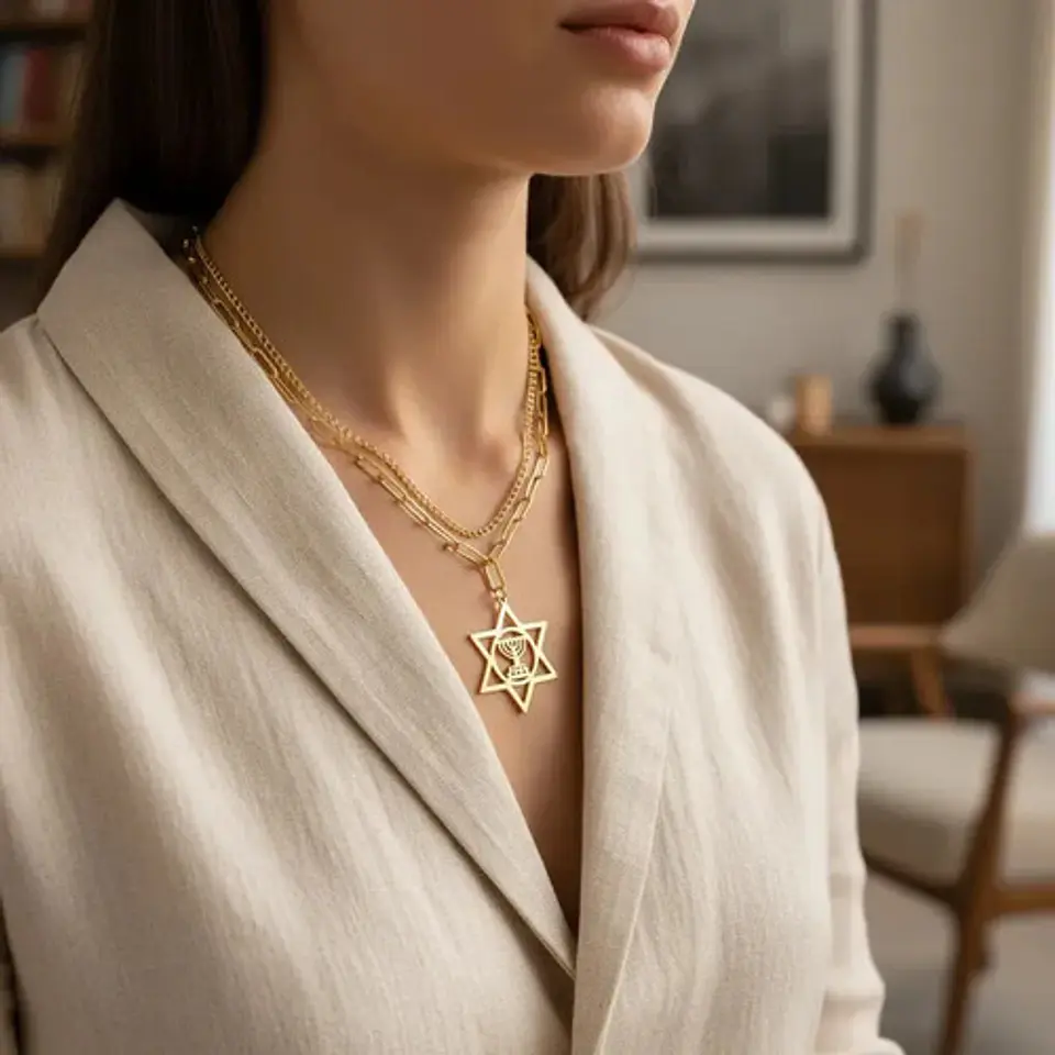 Collar Mesiánico Para Mujer Dije Color Oro Estrella De David 3