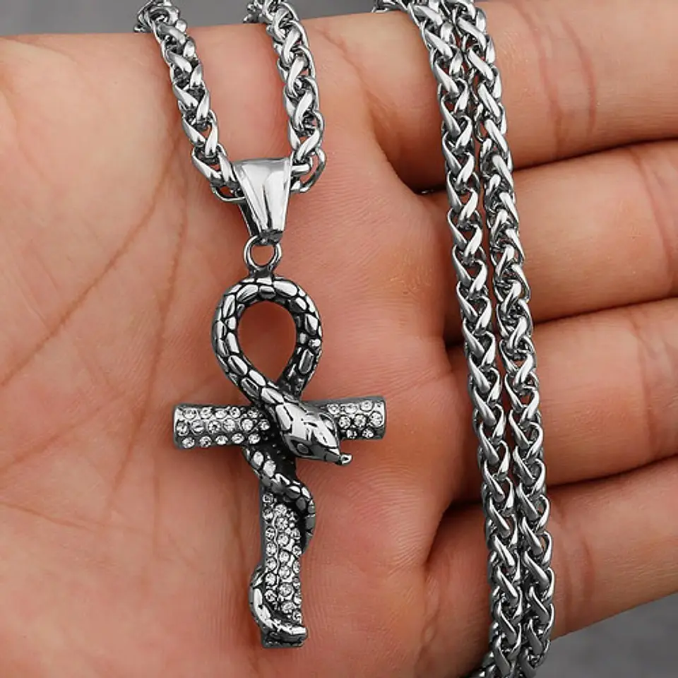 Collar Para Hombre Mujer Con Dije Cruz Serpiente Color Plata Plateado 6