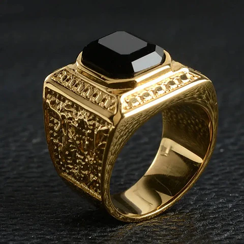 Anillo De Acero Color Oro Con Piedra Clásico Elegante Hombre