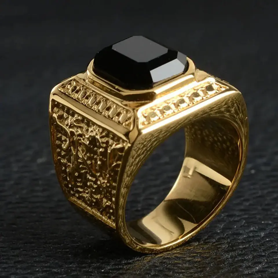 Anillo De Acero Color Oro Con Piedra Clásico Elegante Hombre 2