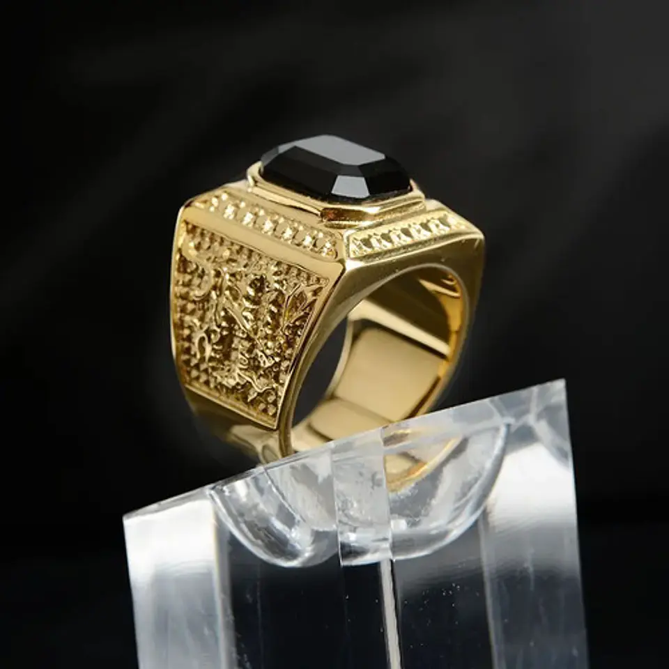 Anillo De Acero Color Oro Con Piedra Clásico Elegante Hombre 4