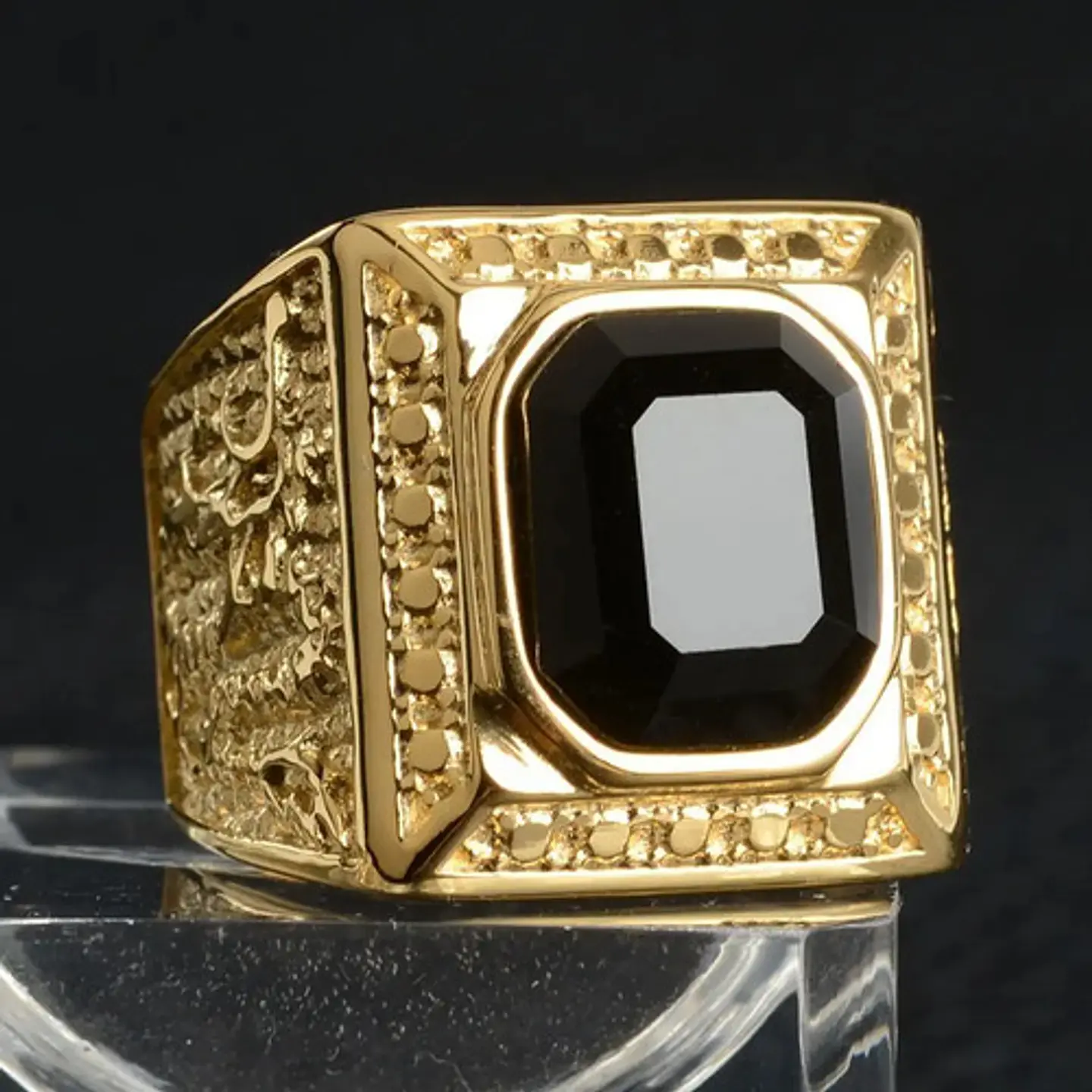 Anillo De Acero Color Oro Con Piedra Clásico Elegante Hombre 5
