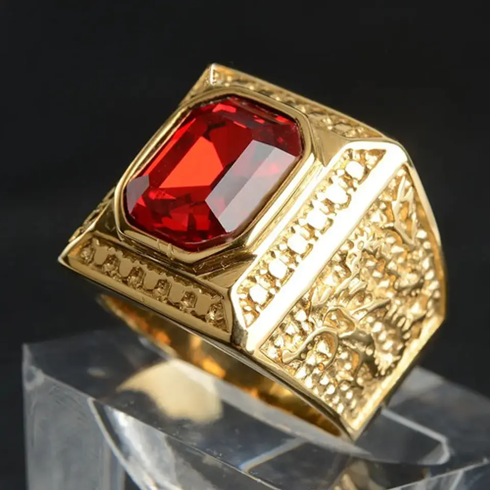 Anillo De Acero Color Oro Con Piedra Clásico Elegante Hombre 14