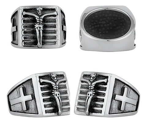 Anillo Color Plata De Acero Cruz Jesús Católico Para Hombre