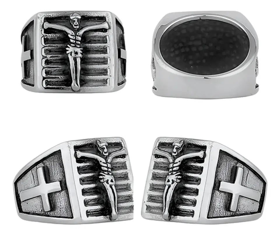 Anillo Color Plata De Acero Cruz Jesús Católico Para Hombre 1