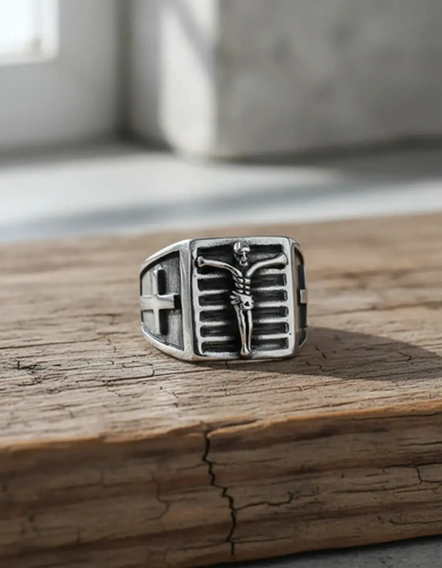 Anillo Color Plata De Acero Cruz Jesús Católico Para Hombre 5