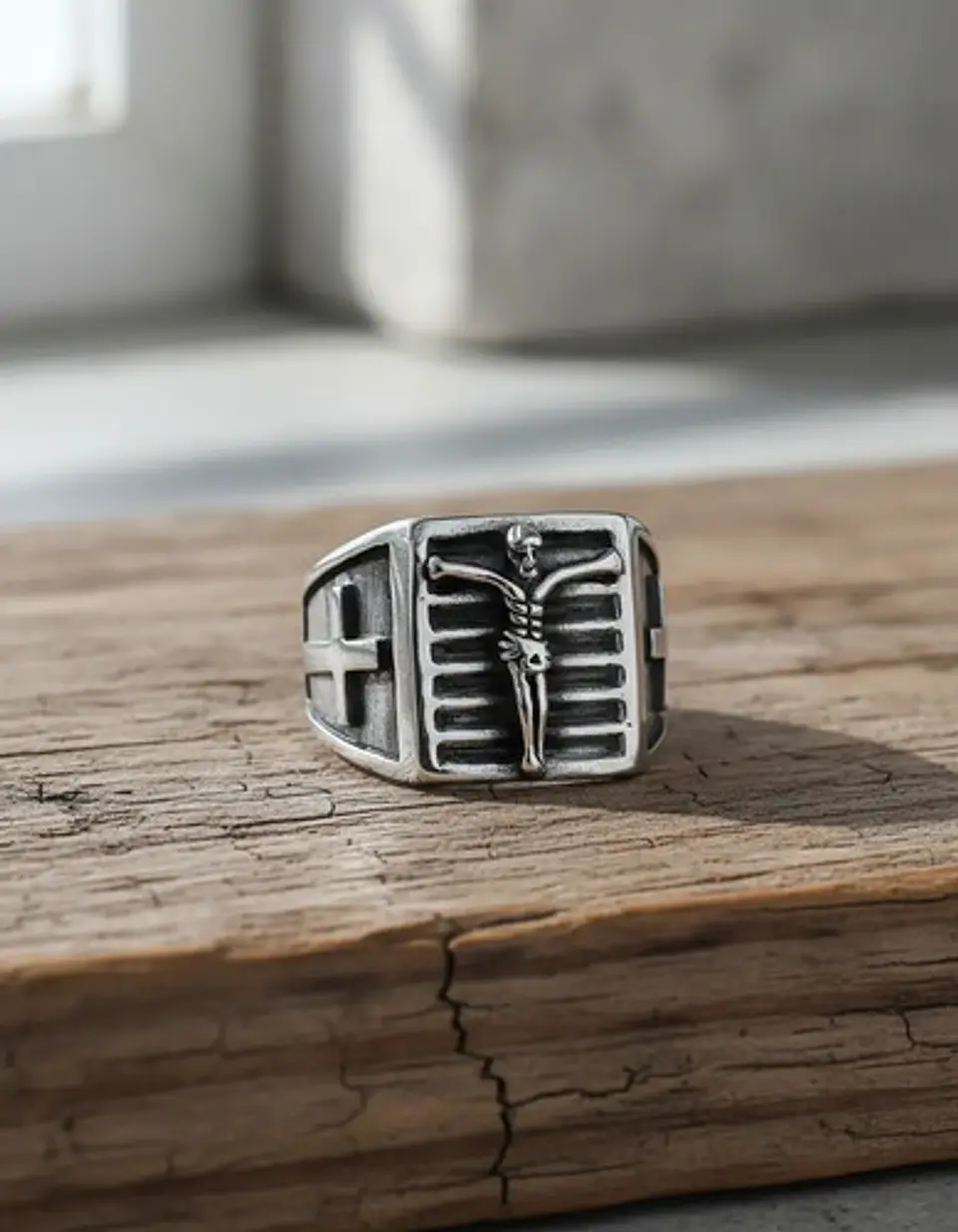 Anillo Color Plata De Acero Cruz Jesús Católico Para Hombre 5