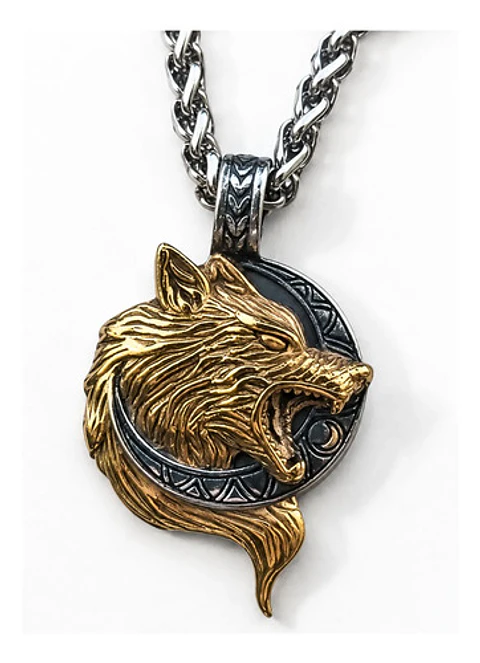 Collar Vikingo En Acero Para Hombre Dije Con Lobo Hati Luna