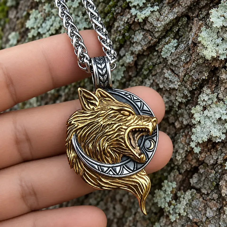 Collar Vikingo En Acero Para Hombre Dije Con Lobo Hati Luna 3