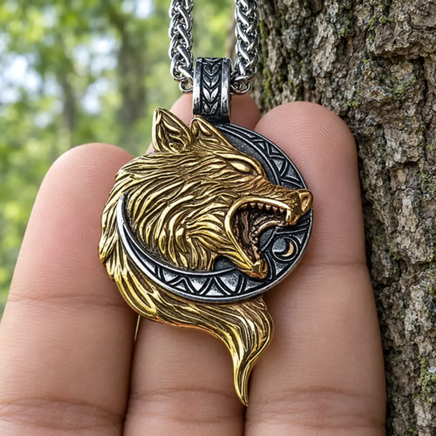Collar Vikingo En Acero Para Hombre Dije Con Lobo Hati Luna 4