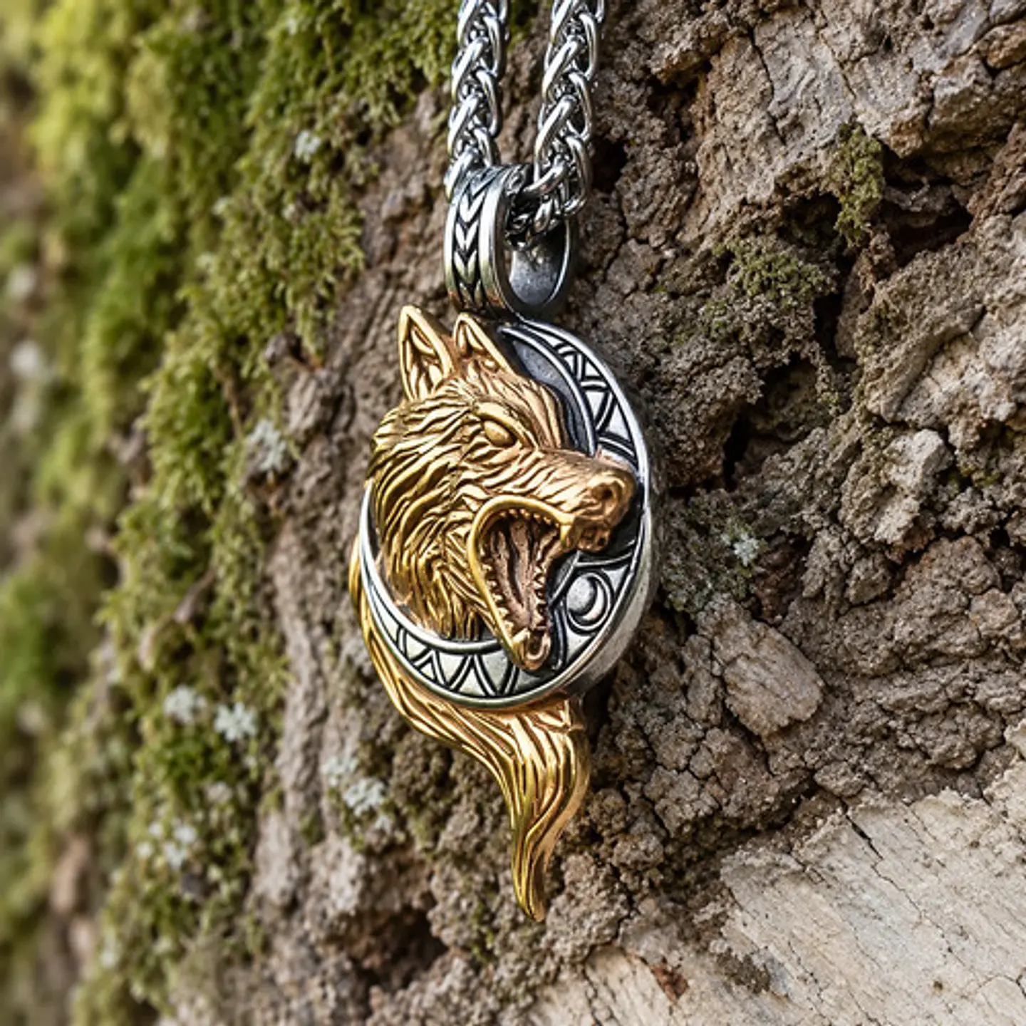 Collar Vikingo En Acero Para Hombre Dije Con Lobo Hati Luna 5