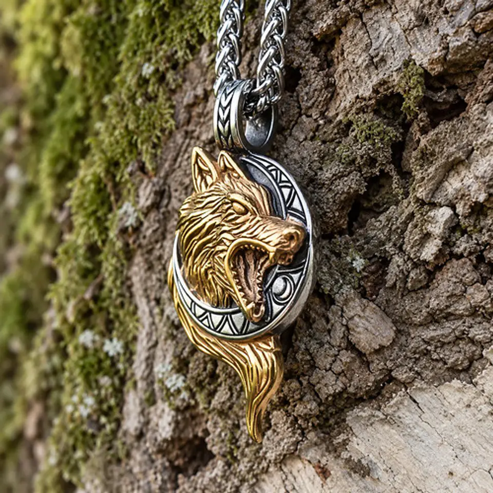 Collar Vikingo En Acero Para Hombre Dije Con Lobo Hati Luna 5