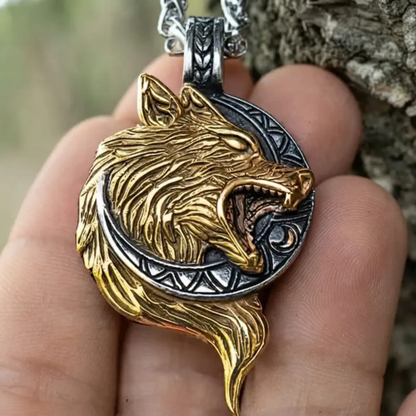 Collar Vikingo En Acero Para Hombre Dije Con Lobo Hati Luna 6