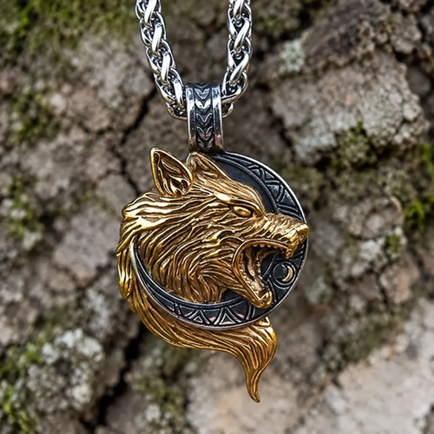 Collar Vikingo En Acero Para Hombre Dije Con Lobo Hati Luna 7