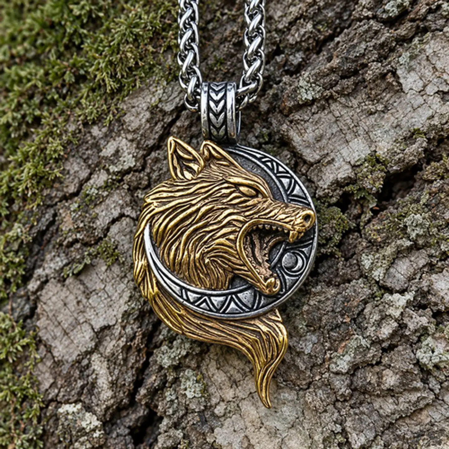 Collar Vikingo En Acero Para Hombre Dije Con Lobo Hati Luna 8
