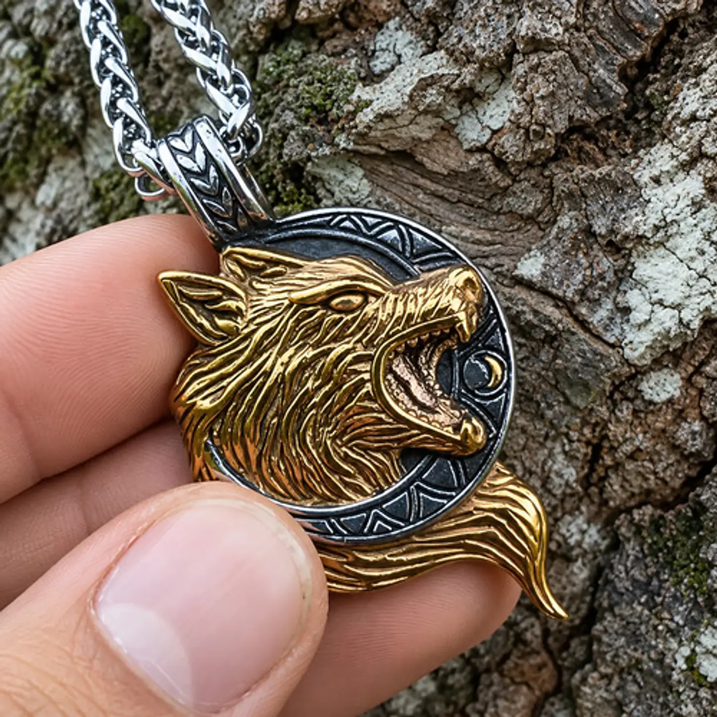 Collar Vikingo En Acero Para Hombre Dije Con Lobo Hati Luna 9